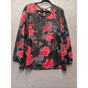 Avenue‎ Floral Blouse Relaxed Fit Women 22/24 Black Red Lined Top